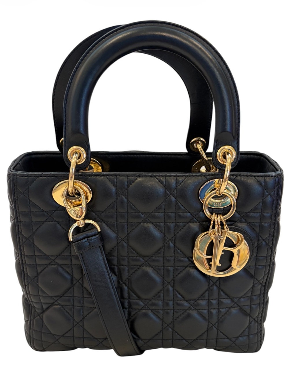 Christian Dior Lady Dior Medium Black Cannage Lambskin Gold Hardware Top Bag - Picture 2 of 16